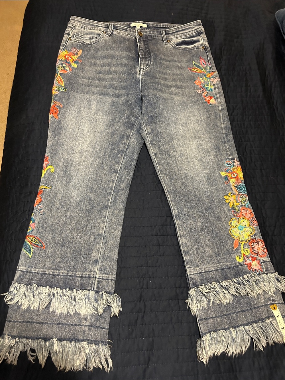 John Mark Blue Embroidered Flare Jeans with Fringed Hem